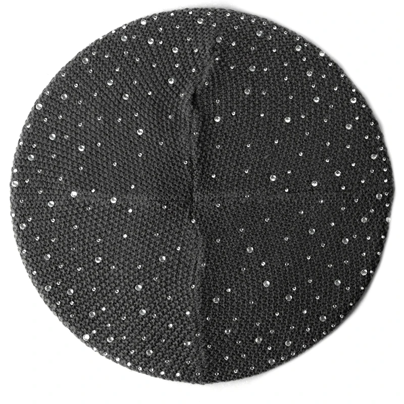 

Geebro Women Adult Fashion Knitted Solid Color Beret Girls Autumn Spring Warm With Rhinestone Hat Female All-Match Casual Bonnet