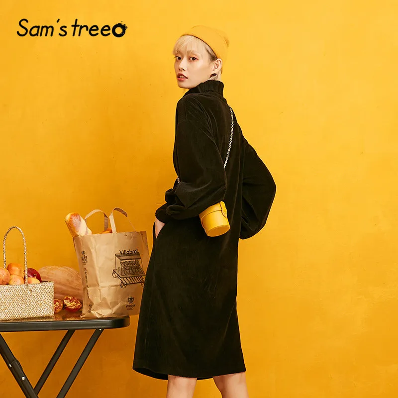 SAM'S TREE, черный, чистый, водолазка, вязаный, минималистичный, прямой, вельветовый свитер, платье для женщин,, осень, для отдыха, для офиса, женские платья