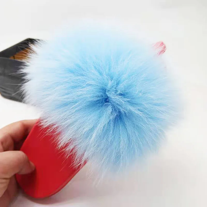 Light Blue Летние шлепанцы из лисьего меха; женские модные красные пушистые шлепанцы; женские меховые сандалии; меховые Вьетнамки; женская обувь - Цвет: Light Blue