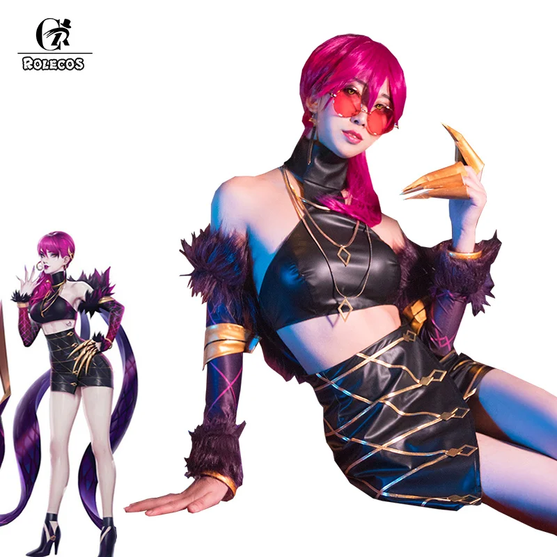 ROLECOS Игра LOL K/DA Evelynn Косплей Костюм KDA женский сексуальный кожаный костюм Топ Юбка