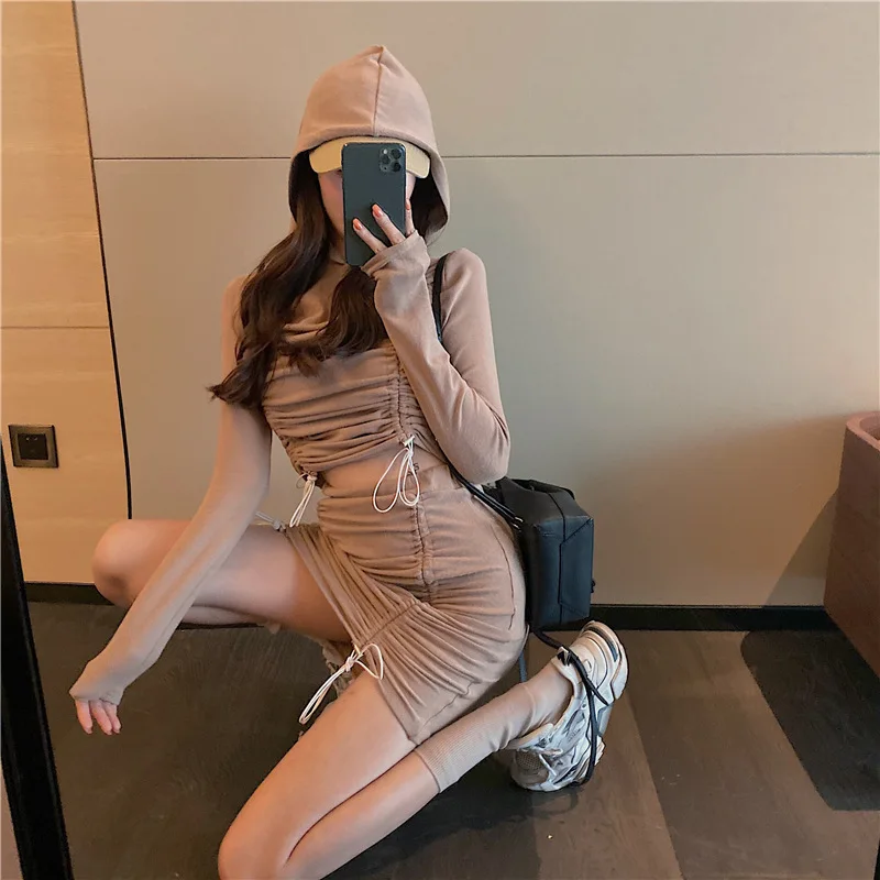 

Photo Shoot South Korea Hooded Drawstring Pleated Tops + High-waisted Slimming Sheath Short Skirt Two-Piece Set