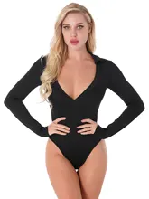 

#S-L Women Deep V Neck Bodysuit Solid Color Tops Casual Long Sleeve Leotard Solid Color Collared Jumpsuit Swimsuit Nightwear