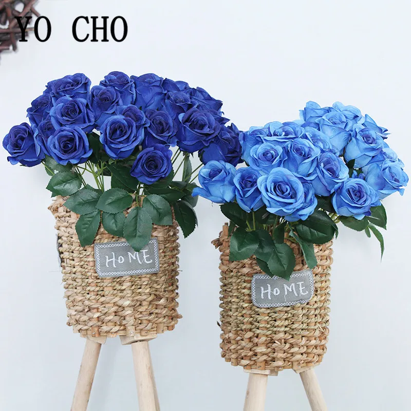 Wedding Bouquets Artificial Rose Flowers 12 Heads Artificial Flowers Rose Bouquet Royal Blue Small Roses Fake Flower Bouquet for Wedding Party Home Decor Silk Flowers