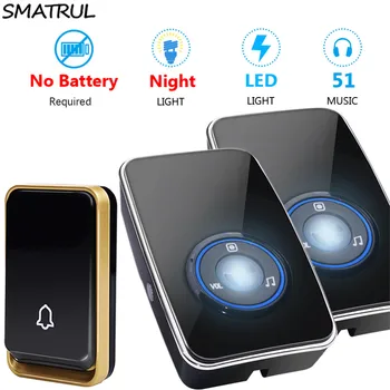

SMATRUL Wireless DoorBell UK EU US plug self powered night light sensor Waterproof no battery home Door Bell 1 button 2 Receiver