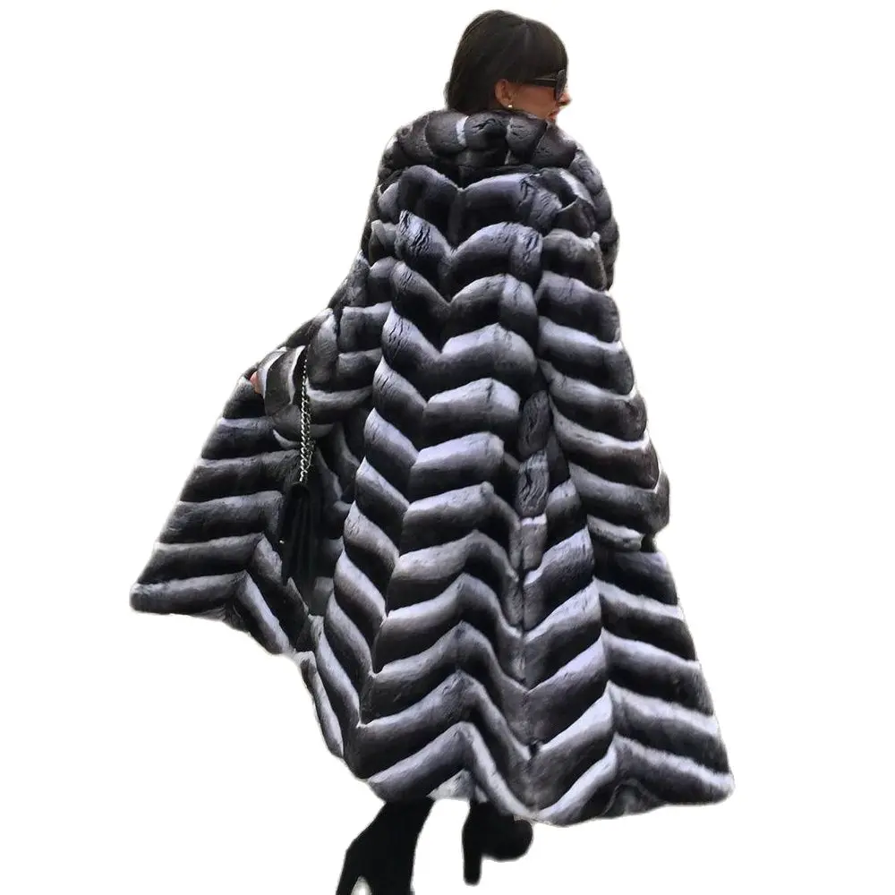 X-long Real Rex Rabbit Fur Coat with Turn-down Collar High Quality Genuine Rex Rabbit Fur Coats Chinchilla Color Fur Overcoats
