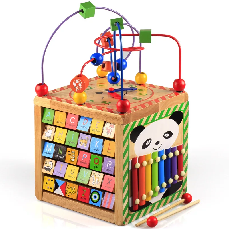 

Four Sides Multi-functional Bead-stringing Toy Wooden Treasure Chest Early Childhood Educational CHILDREN'S Toy 1-2-3-4-5-Year-O