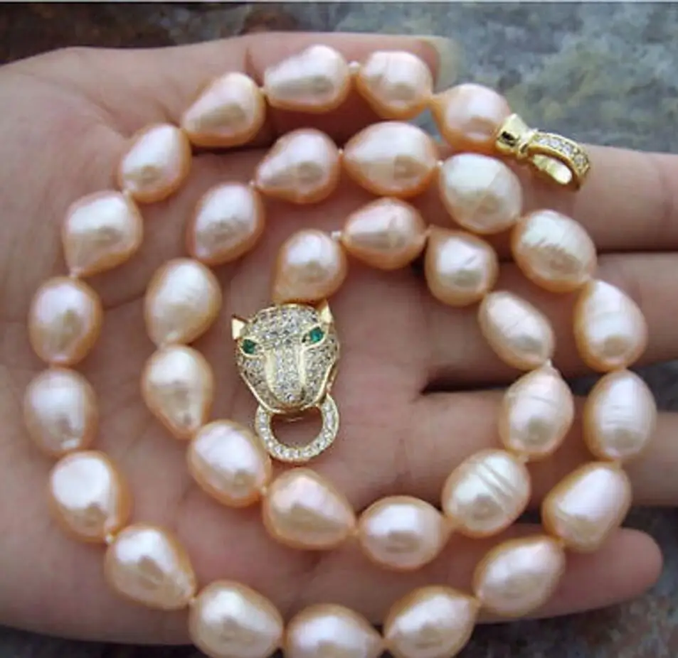 

Free shipping new AAA+9-10mm natural akoya south seas baroque gold pink pearl necklace 18 inch