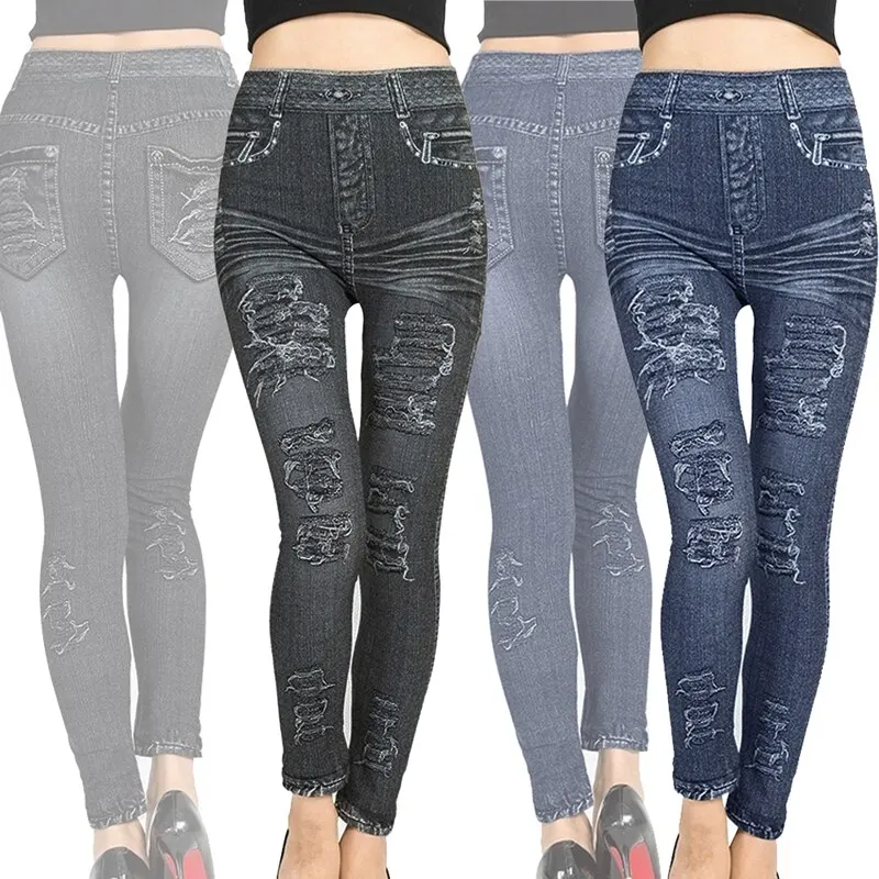 yoga leggings Fashion Women Leggings Floral Print Pencil Pants Leggins 2020 3XL Plus Size Casual High Waist Faux Denim Trousers Bottoms Black leggings for women