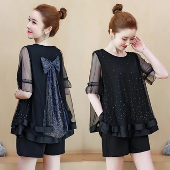 

Women Elegant Set Large Plus Size 5XL Short Suit Bow Shirt Top And Short Pant Two 2 Piece Set Summer Fashion Matching Set Outfit