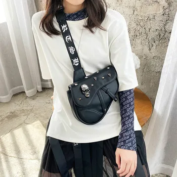 

Women's shoulder bag 2020 New Fashion Rivet Skull Saddle Bag Luxury designer Leather chest bag