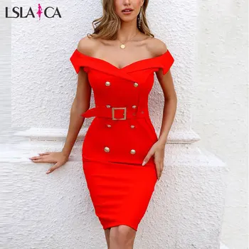 

Elegant Women Dress Bodycon Double Breasted Belted V Neck Sleeveless OL Solid Color Ladies Midi Dress Fashion Streetwear Summer