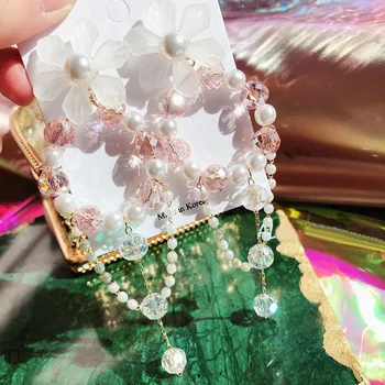 

MENGJIQIAO New Arrived Korean Elegant Acrylic Flower Drop Earrings Pink Beads Tassel Pendientes Mujer Moda Statement Jewelry