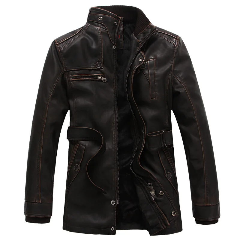Faux Fur Coat Men Winter PU Leather Jacket Men Fleece Thicken Warm Faux Leather Jacket Coat Men Casual Moto Biker with Belt 6XL - Цвет: Dark Brown