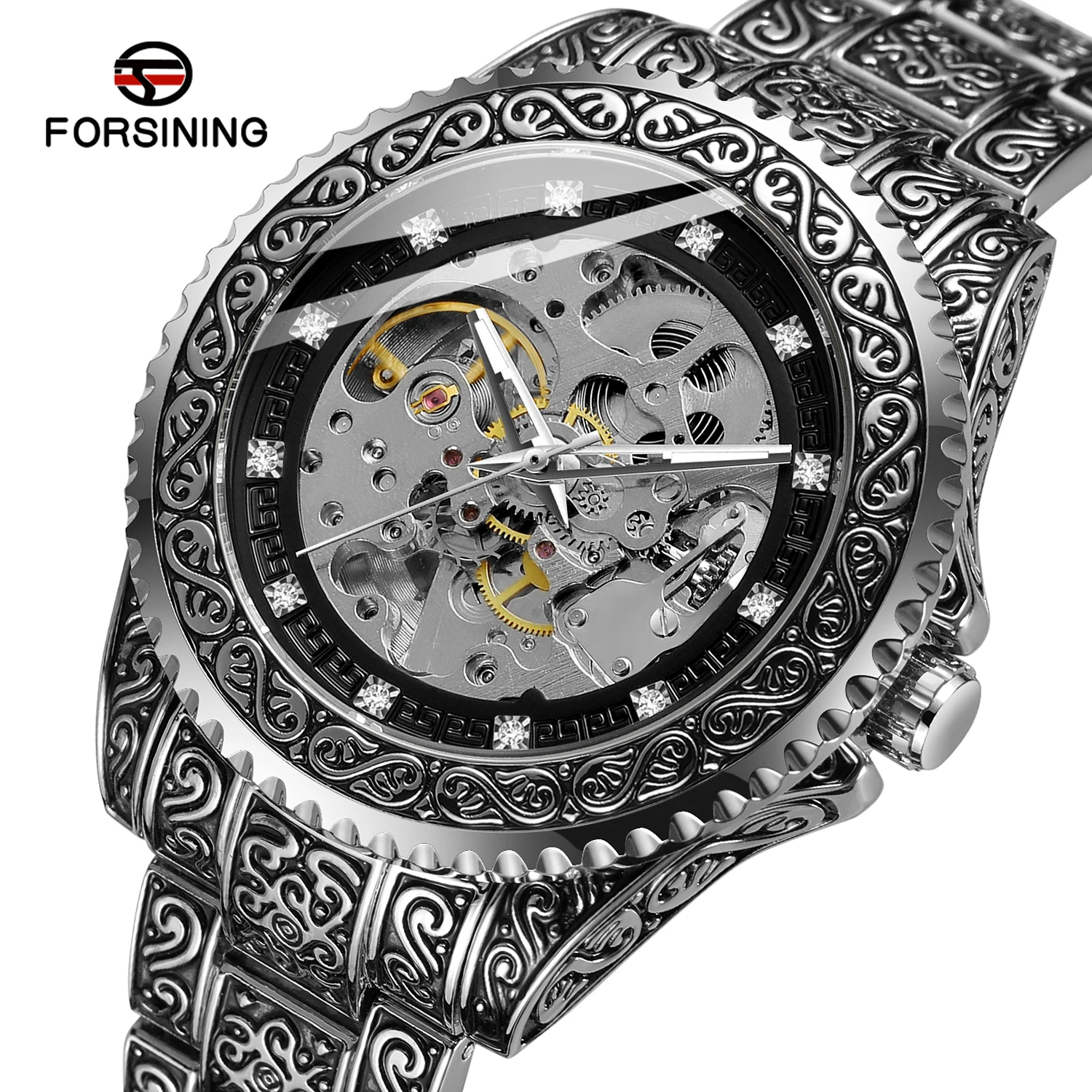 Forsining Men Mechanical Wristwatches Automatic Male Bracelet Homme Man Luxury Vintage Diamond Skeleton Watch For Men's Gift