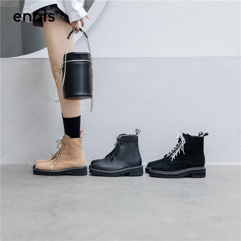 ENNIS Autumn Winter Women Boots Genuine Leather Platform Thick Sole Martin Boots Lace Up Ankle Boots Suede Zip Shoes A9160