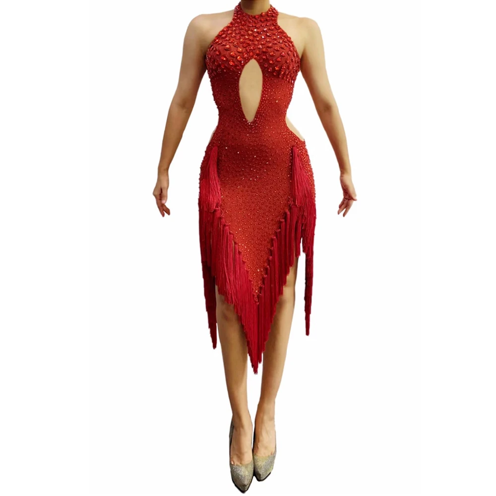 

Enthusiastic Red Tassel Dress Crystal Rhinestone Latin Dance Halter Dress Women Party Prom Singer Dress Nightclub Catwalk Dress