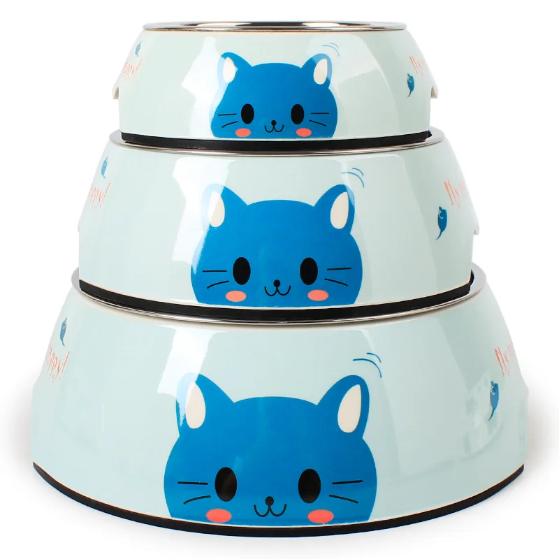 Blue Cat Миска для собак из нержавеющей стали, кормушка для путешествий, миска для еды, миска для воды с нескользящей резиновой подошвой, хранение для домашних животных S/M/L - Цвет: Blue Cat
