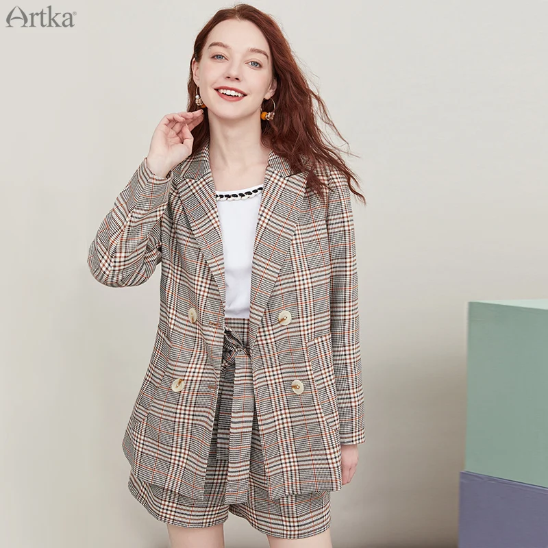 

ARTKA 2020 Autumn New Women Blazers Fashion Plaid OL Style Jacket Set Casual Blazers Suit With Shorts 2 Piece Set Women WA25005Q