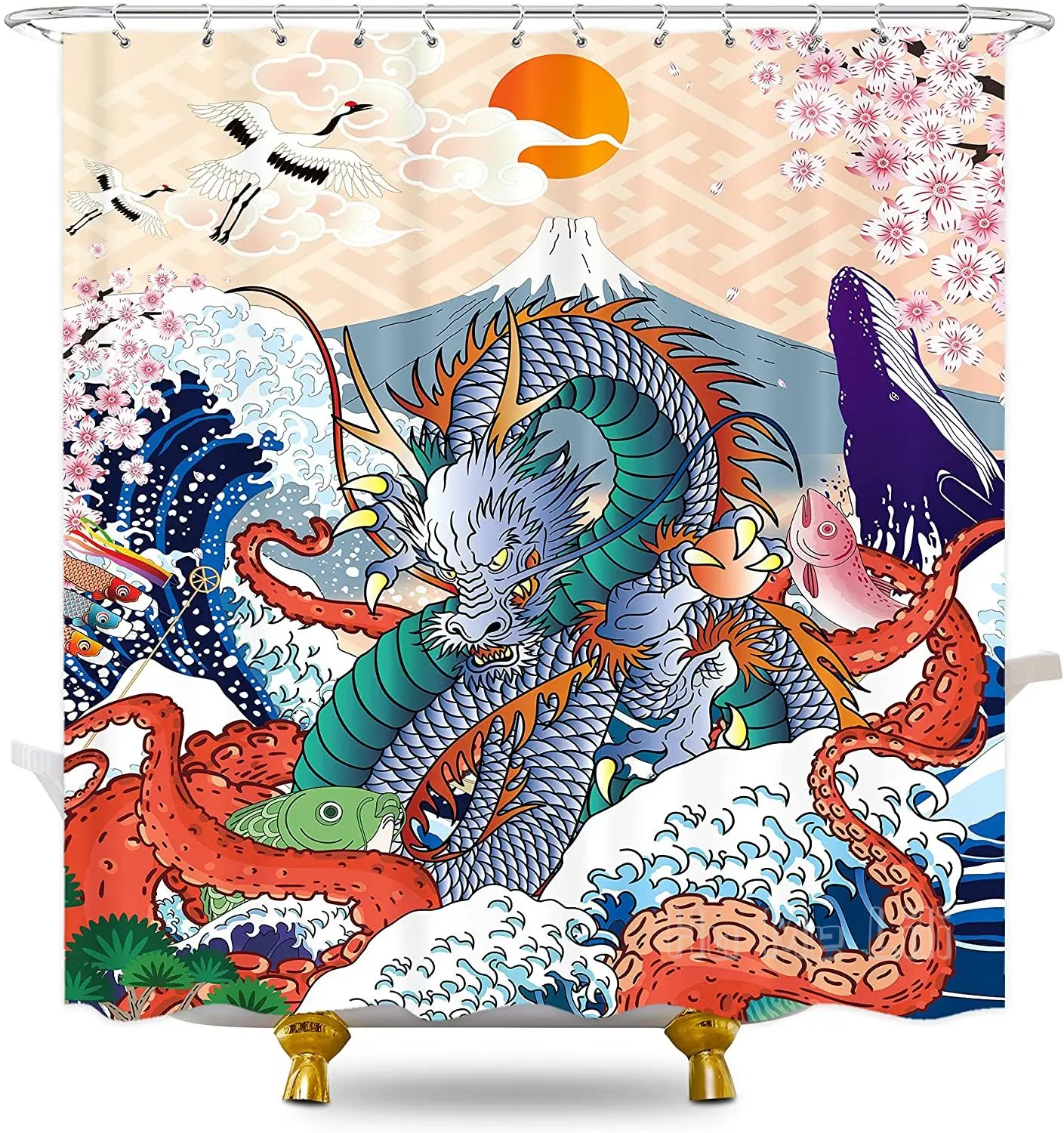 

Японская занавеска для душа для ванной комнаты, Декор, крутой Аниме Дракон, осьминог, тема большой волны, океан, гора, Fuji, азиатская живопись, искусство