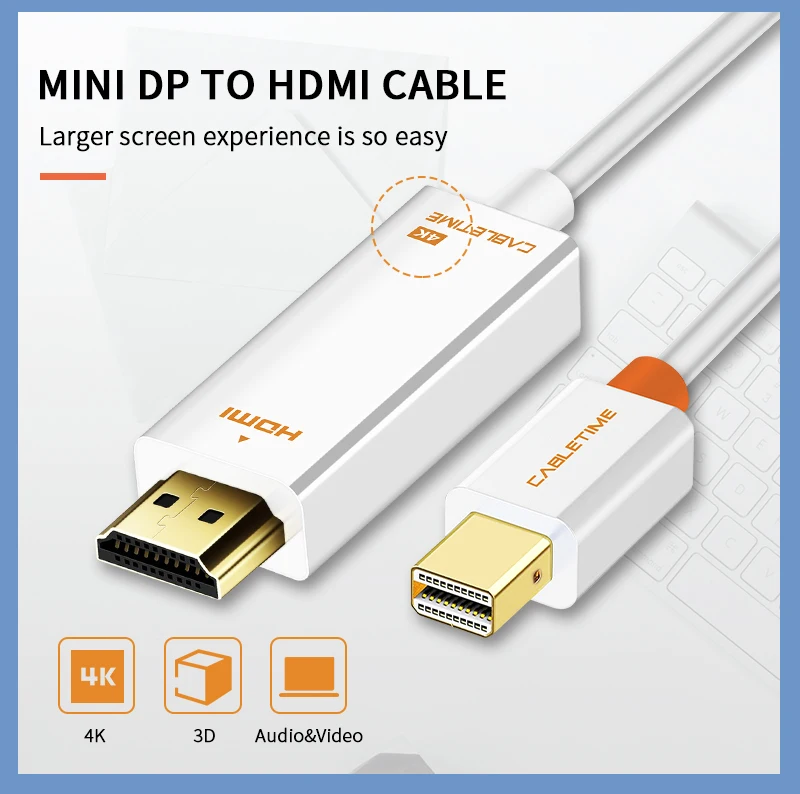 CABLETIME Новое поступление Thunderbolt 4K Mini DisplayPort Адаптер DP к HDMI DP кабель для 1080P ТВ компьютер MacBook C056