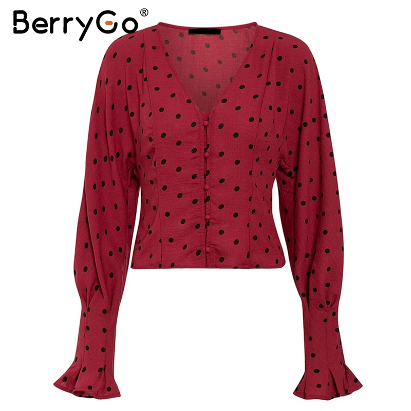 Бургундия BerryGo, элегантная женская блузка в горошек с пуговицами, рубашка с рюшами, v-образный вырез, Женский Топ, Осень-зима, рукав-фонарик, офисные женские блузки - Цвет: Бургундия