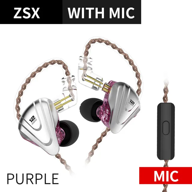 KZ ZSX 5BA+1DD Hybrid In Ear Earphone 12 Drivers Unit HIFI Headset DJ Monitor Earphone Earbuds KZ ZS10 PRO ZSN PRO ZSX CCA C12 - Цвет: purple with mic