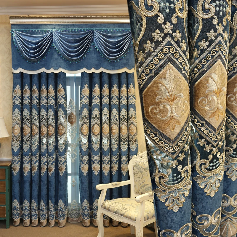 

European luxury custom blue embroidered villa curtains for living room bedroom hotel kitchen apartment Elegant curtains