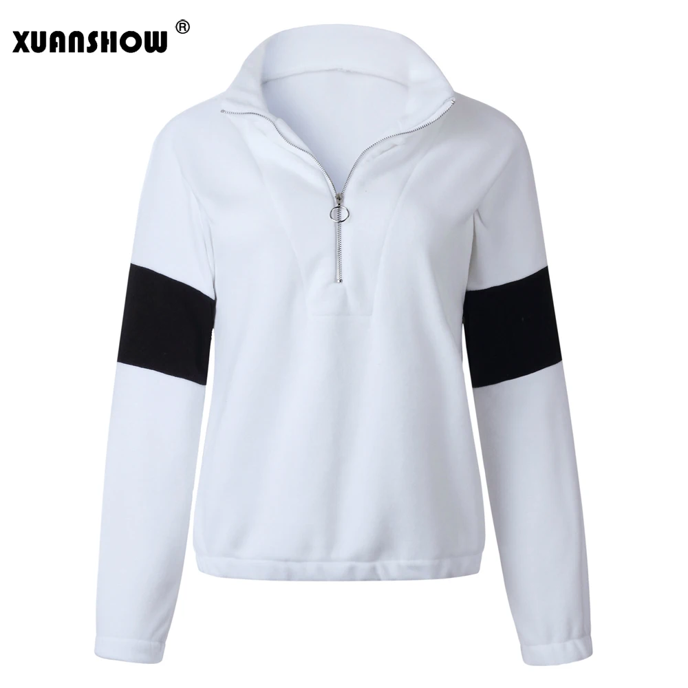 XUANSHOW зимние толстовки для женщин с длинным рукавом и стоячим воротником плюшевые флокированные женские толстовки на молнии Лоскутные пуловеры Mujer