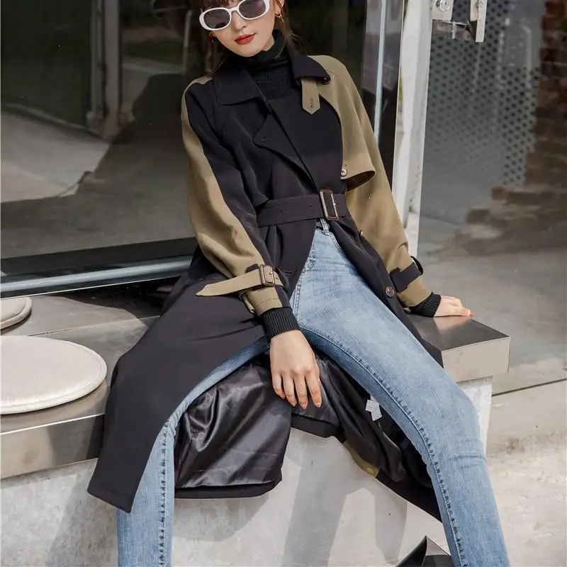 Women Hit Color Patchwork Belt Pocket Notched Windbreaker Fashion Female Korean Loose Autumn Coat Long Trench Coat