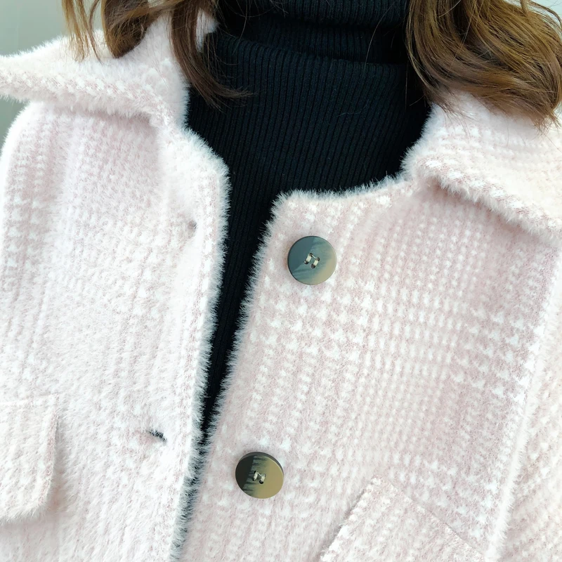 Клетчатый свитер корейский женский свитер однобортный отложной воротник из искусственного меха норки вязаный кардиган осень зима короткий свитер