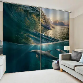 

Modern Home Decoration 3d curtains blue ocean waves curtains Thick shading soundproof windproof curtain