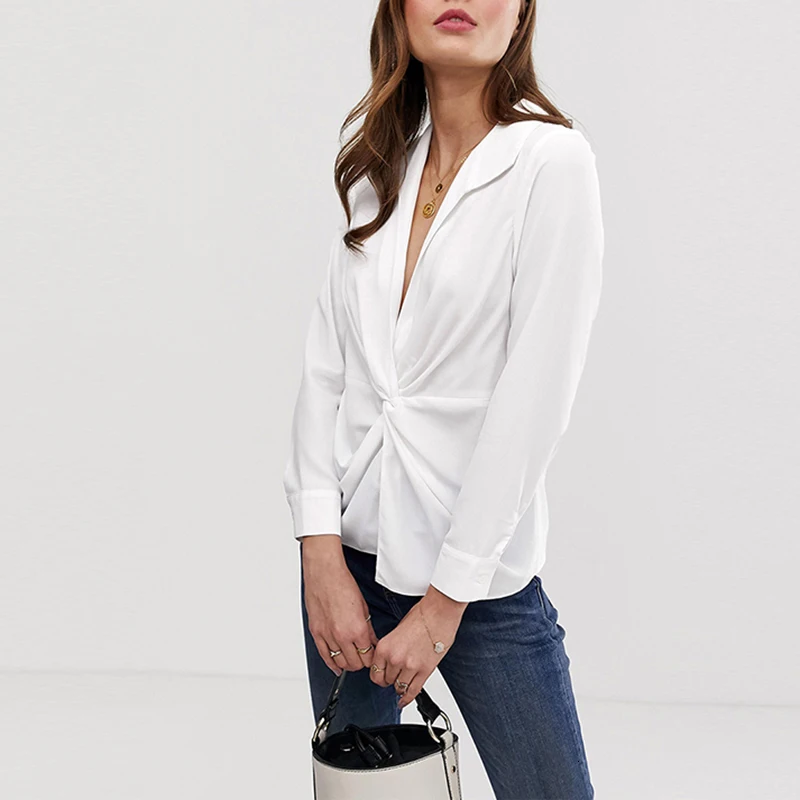 HDY Haoduoyi New Arrival Deep V Outer Collar Knot In Front Tops Sexy Personality Elegant Long Sleeve Conventional Women Shirt