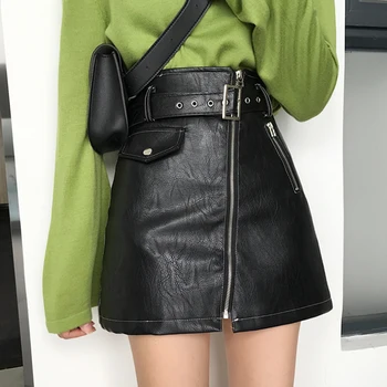 

High waist pu leather skirts women Sash zipper pencil mini skirt 2018 Autumn streetwear winter black skirts short G872