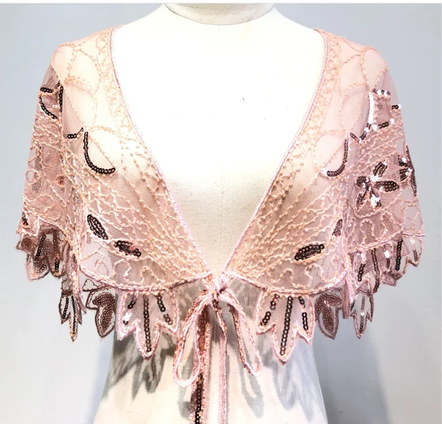 Vintage 1920s Flapper Shawl Sequin Beaded Short Cape Beaded Decoration Gatsby Party Mesh Short Cover Up Dress Accessory lace beaded shawl 1920s women s sequined shawl tassel fringe beaded faux pearl sheer mesh wrap cape see through cover up