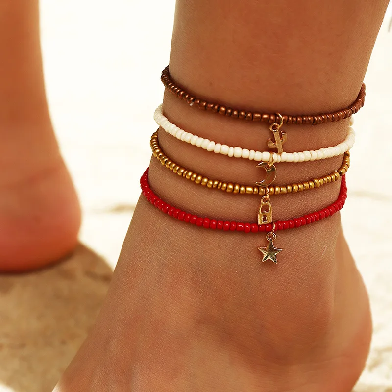 Bohemian Colorful Bead Anklet Sets For Women Summer Beach Handmade Elastic Strech Barefoot Ankle Bracelet On The Leg Gift