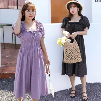

Women's Summer Retro Plaid Square Collar Tie Puff Sleeve Dress Plus Size Calf Length Casual Wear 100kg Can Wear
