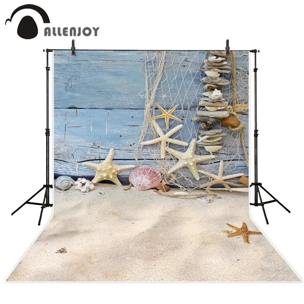 

Allenjoy Summer Sand Beach Wood Wall Background Fishnet Starfish Baby Child Fun Photography Backdrop for Photo Studio Photophone