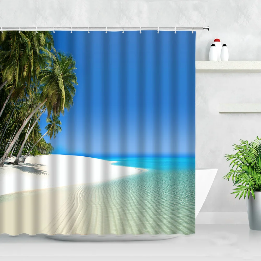 

Занавеска для душа в средиземноморском стиле, тканевый Декор для ванны с принтом синего неба, океана, кокосовых деревьев, зеленых растений, набор штор для ванной