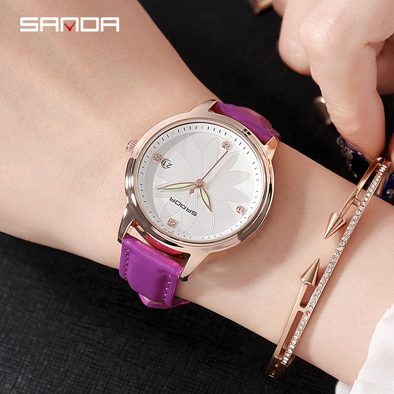 

SANDA P219 Mode Dames Polshorloge Vrouwen Romantische Bloem Lederen Quartz Vrouwen Horloges Top Brand Luxe Relogio Faminino