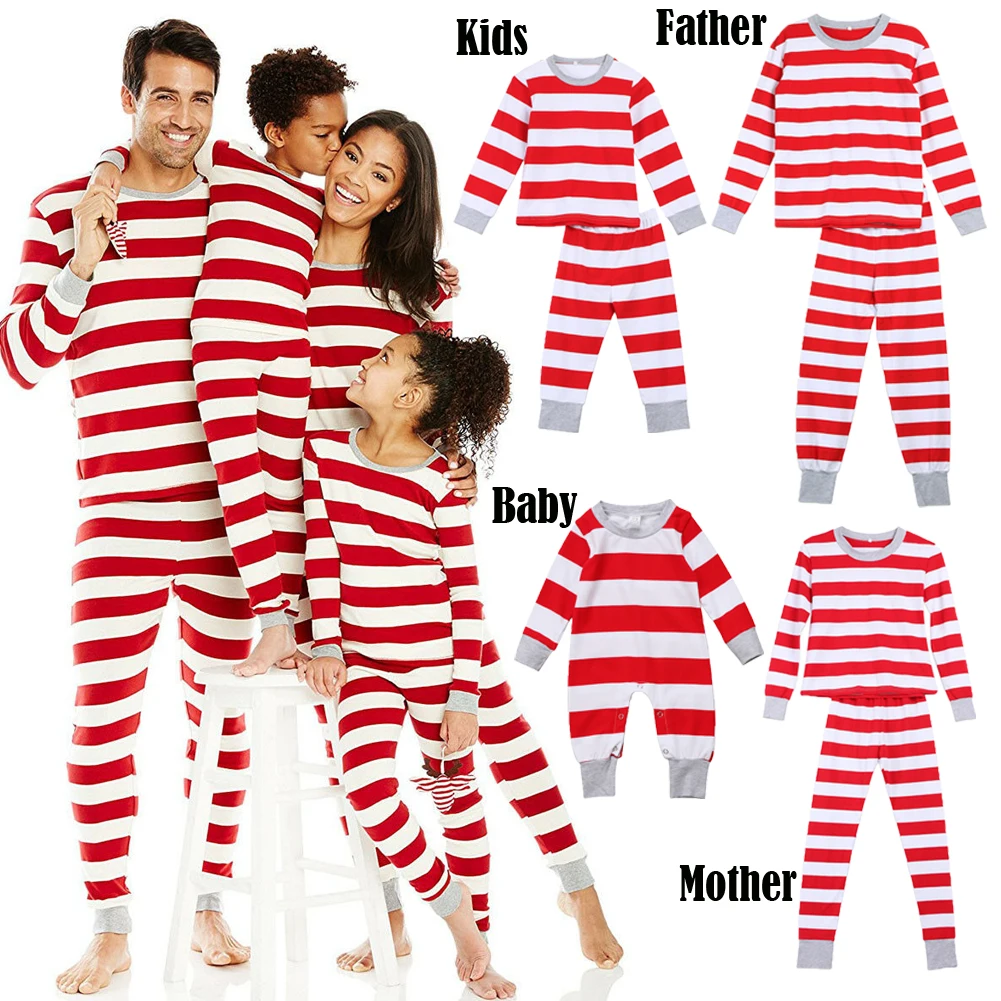 Pudcoco/семейные рождественские одинаковые пижамы; комплект одежды в полоску для взрослых и женщин; детская одежда для сна; пижамы; комбинезоны для новорожденных