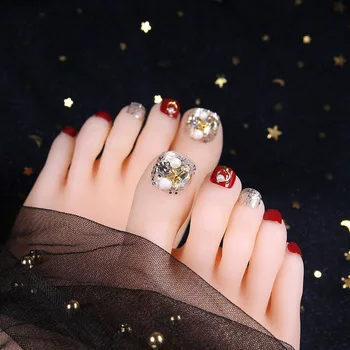

24pcs/box with 2g glue Red Fake Toenails Acrylic Press On Toe Nail False Glitter Toenails Full Cover Artificial Feet Nail tips