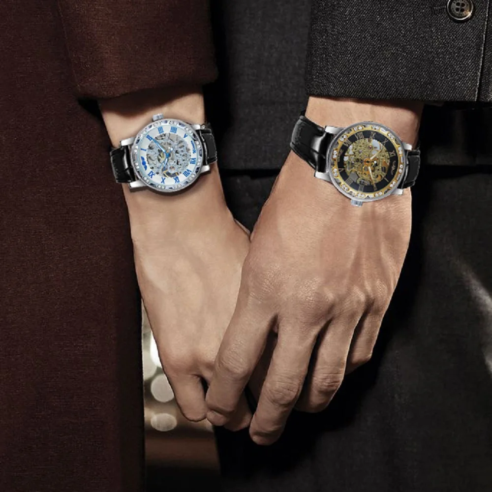 WINNER официальный бренд роскошные часы мужские Скелет механические часы Кристалл Iced Out Кожаный ремешок наручные часы подарок для влюбленных