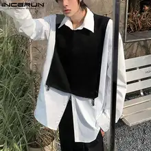 Camisa de xale de estilo coreano casual S 5XL incerun blusa de duas peças falsa para homem bonito