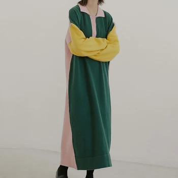 

[EWQ] 2020 Spring Autumn Lapel Long Sleeve Hit Colors Knitting Pullovers Loose Long Vintage Sweater Dress Women AK11800