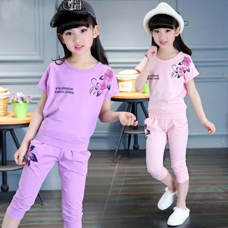 

Summer Kids Clothes Set For Girls Print Children Short Sleeve T-shirt+Pants Sports Suit Kids Outfits Teen Girl Clothing 3-12 Yrs