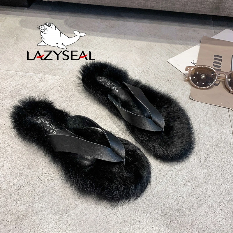 LazySeal обувь с разноцветным мехом; женские Вьетнамки; Новинка; Модные женские домашние тапочки на Плоском Каблуке; сезон осень-зима; женские шлепанцы без задника