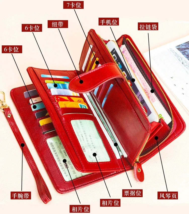 RFID Echtes Leder Brieftasche Frauen Lange Damen Karte Halter Geldbörse Große Kapazität Weibliche Brieftaschen Große Rindsleder Telefon Tasche – Detail 10