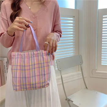 

Plaid Ladies Reusable Shopping Bag Fashion Design Women Cotton Shoulder Bag Lovely Student Girls Small Casual Tote Purse Handbag