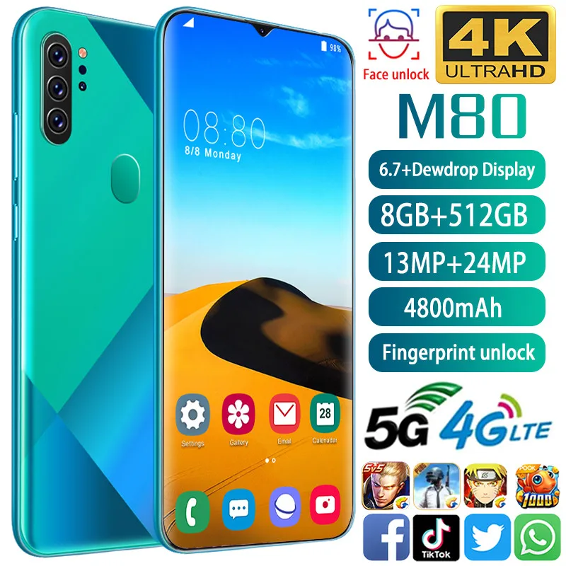 Mobile phone M80 Phone MTK6799 Cell phones 6.7inchHD+1440*3040 Cellphone 8GB+512GB Camera 13MP+24MP Unlocked smartphone