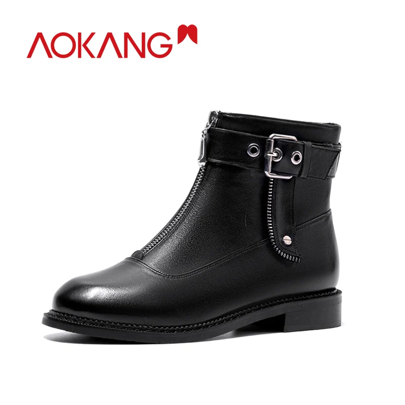 

AOKANG 2019 Autumn Winter woman Chelsea boots Flat Shoes Genuine LeatherMartin boots Round Toe Ankle Booties Ladies shoes